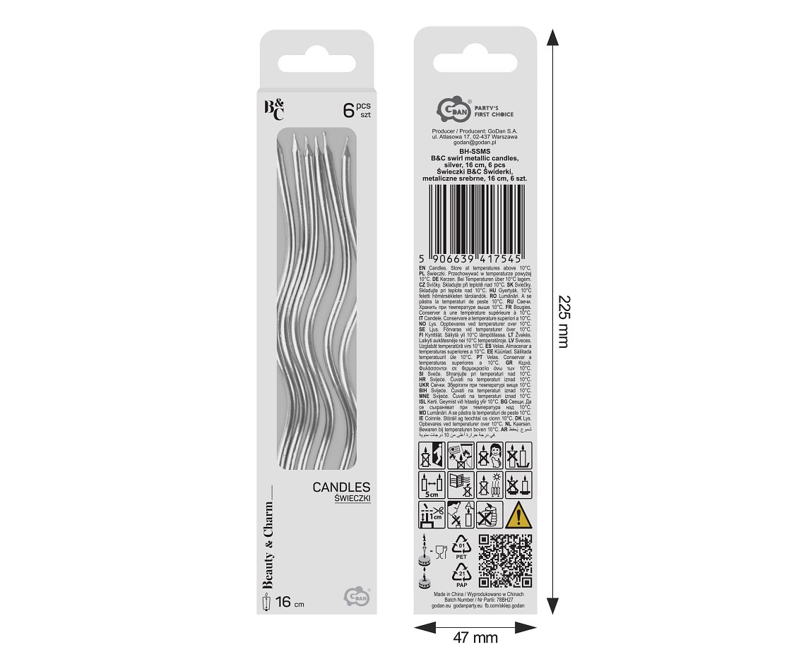 Świeczki B&C Świderki, metaliczne srebrne, 16 cm, 6 szt. KK